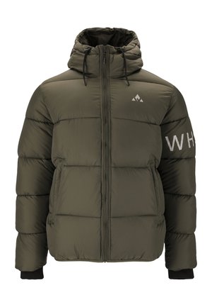 Olivgrüne Steppjacke mit Kapuze, ausgestattet mit einem Reißverschluss auf der Vorderseite, elastischen Bündchen und einem Logo auf dem Ärmel. Strukturiertes, gepolstertes Design.