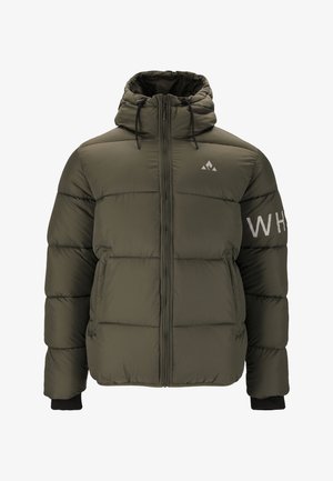 Olivgrüne Steppjacke mit Kapuze, ausgestattet mit einem Reißverschluss auf der Vorderseite, elastischen Bündchen und einem Logo auf dem Ärmel. Strukturiertes, gepolstertes Design.