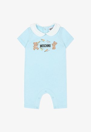 Body azzurro chiaro in cotone con maniche corte, colletto bianco e stampa di orsacchiotti e aeroplani di carta. Chiusura a scatto sul fondo.