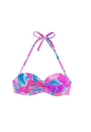 Bright pink and blue floral patterned bikini top with twisted front and tied halter neck strap on white background.