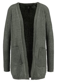 Cardigan lungo e aperto davanti di colore grigio scuro, con polsini a costine e due tasche frontali. Realizzato in un materiale morbido e testurizzato.