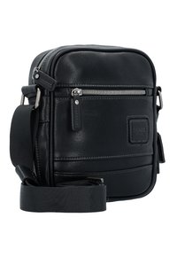 Schwarze Leder-Umhängetasche mit einem Reißverschluss-Hauptfach, verstellbarem Stoffriemen und dezenten texturierten Details. Mit einer Reißverschlusstasche auf der Vorderseite.