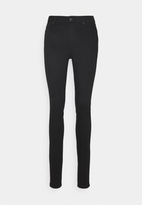 Jeans slim-fit negros hechos de denim, con un clásico cierre de botón y cremallera, diseño de cinco bolsillos y una textura suave.