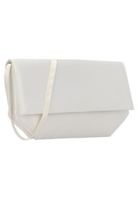 Sac à main blanc au design minimaliste, en tissu lisse. Il dispose d'un rabat pliable et d'une fine sangle pour le porter.