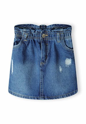 Fustă din jean cu talie elastică, de culoare albastru deschis, cu detalii uzate și margini desfăcute, două buzunare laterale și tiv cusut.