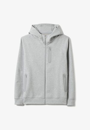 Sudadera con capucha de cremallera completa en color gris claro, con capucha, mangas largas y tres bolsillos con cremallera: dos a los lados y uno en el pecho izquierdo.
