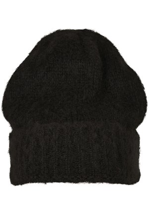 Svart strikket lue laget av mykt, lodden materiale, med en slapp topp og en ribbestrikket mansjett for en tett passform.