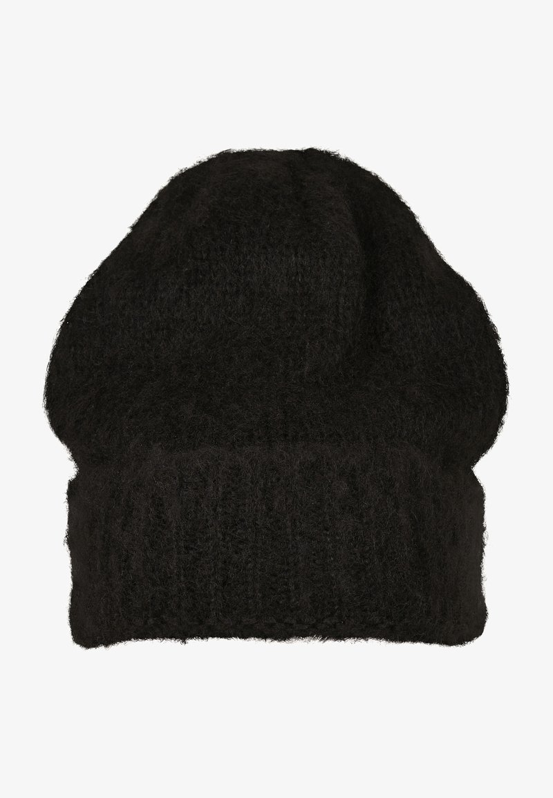 Mustad musta kudumisega beanie müts, mis on valmistatud pehmest ja karvases materjalist, millel on vabas vormis ülemine osa ja soonikuline äär, tagades tiheda istuvuse.