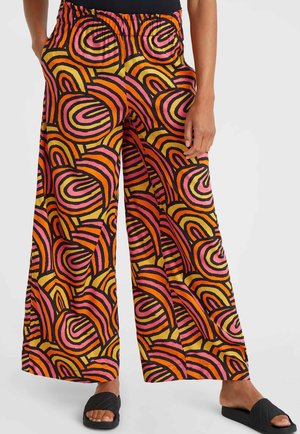 Pantalons larges en tissu léger avec un motif ondulé coloré en rose, orange et noir. Taille élastique avec poches.
