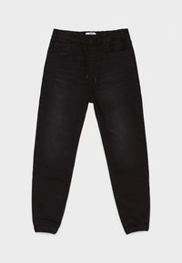 Pantalones estilo jogger de color negro con cinturilla elástica y cordón, puños elásticos en los tobillos y bolsillos laterales estándar.