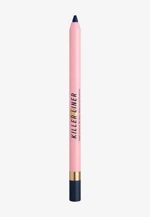 Roze eyelinerpotlood met het label "Killer Liner" en een marineblauwe punt en basis, met een waterproof draagduur van 36 uur, weergegeven op een witte achtergrond.