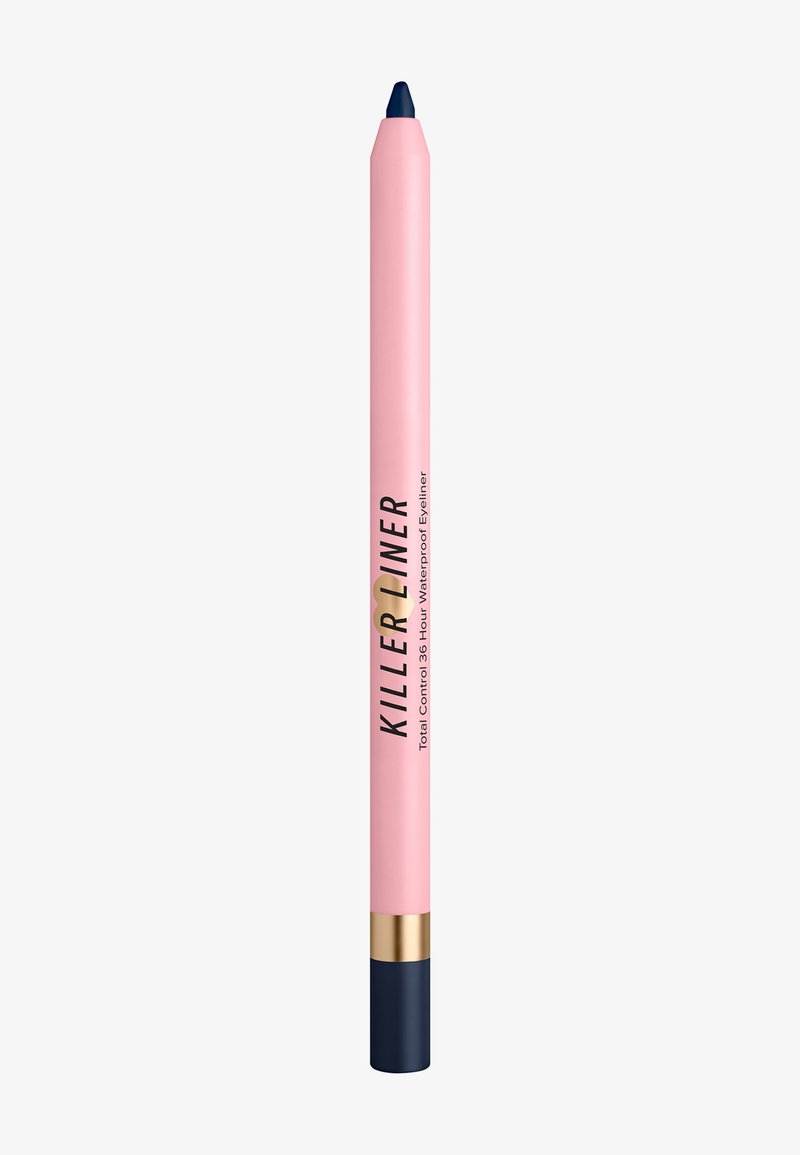 Roze eyelinerpotlood met het label "Killer Liner" en een marineblauwe punt en basis, met een waterproof draagduur van 36 uur, weergegeven op een witte achtergrond.