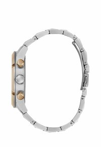 Orologio in acciaio inossidabile argentato con un accento dorato sulla lunetta. Cassa rotonda, pulsanti texture e un design a bracciale lucido.