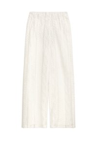 Weiße Culottes mit einem elastischen Bund, die aus einem strukturierten Stoff mit komplizierten Blattmustern bestehen und ein lockeres, kürzeres Design aufweisen.