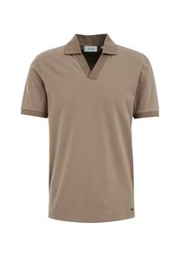 Bruine polo met korte mouwen van zacht katoen, met een v-hals ontwerp en een contrasterende kraag. Kenmerkt zich door een simpele, schone silhouet.