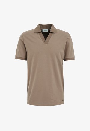 Rjavo polo majica s kratkimi rokavi, narejena iz mehkega bombaža, z v-izrezom in kontrastnim ovratnikom. Ima preprost, čist silhuet.