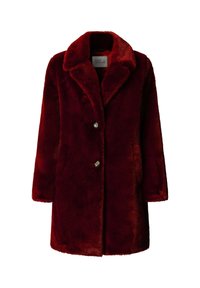 Cappotto in pelliccia sintetica color bordeaux con colletto a rever, due tasche anteriori e due bottoni. Tessuto morbido e design di lunghezza media.