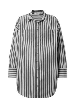 Černobílý pruhovaný dlouhý rukáv košile s knoflíkovým zapínáním vpředu, dvěma náprsními kapsami a kontrastními pruhy na manžetách a límci.