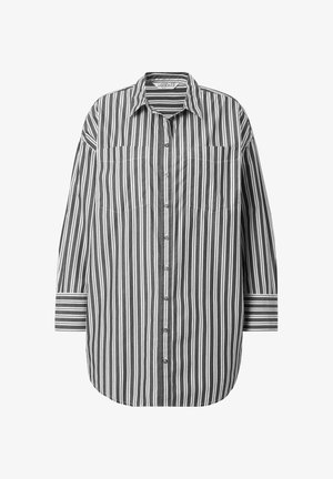 Langærmet shirt i sort og hvid stribe med knaplukning foran, to brystlommer og kontraststriber ved manchetterne og kraven.