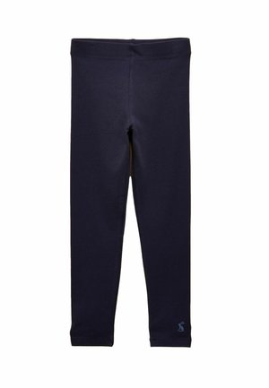 Leggings per bambini blu navy con vita elastica e piccolo logo ricamato vicino alla caviglia sinistra, distesi su uno sfondo bianco.