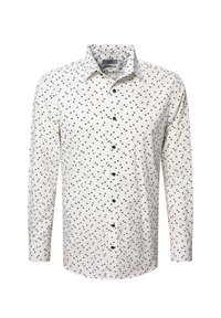 Camicia a maniche lunghe con bottoni in cotone bianco a pois neri, dotata di colletto standard e bottoni neri sul davanti.
