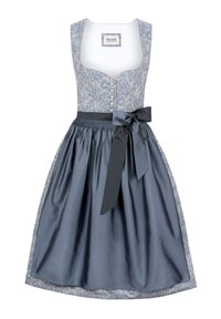 Traditionelles Kleid mit einem blumengemusterten hellblauen Oberteil und einem dunkeblauen Satinkleid. Verfügt über Knöpfe und ein Band, das in der Taille gebunden wird.