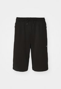 Shorts de sport noirs avec une taille élastique et un cordon de serrage, dotés de poches latérales et d'un tissu lisse et léger.