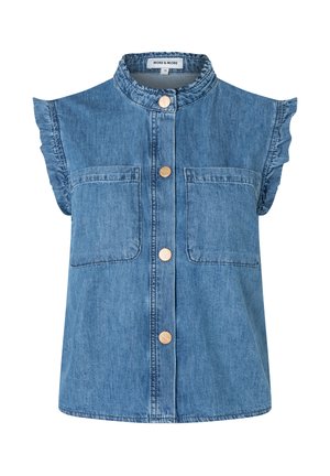 Ärmelloses Denim-Top mit gerafften Armausschnitten, hohem Kragen, zwei Brusttaschen und vier Holzknöpfen vorne.