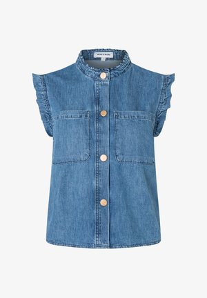 Ärmelloses Denim-Top mit gerafften Armausschnitten, hohem Kragen, zwei Brusttaschen und vier Holzknöpfen vorne.