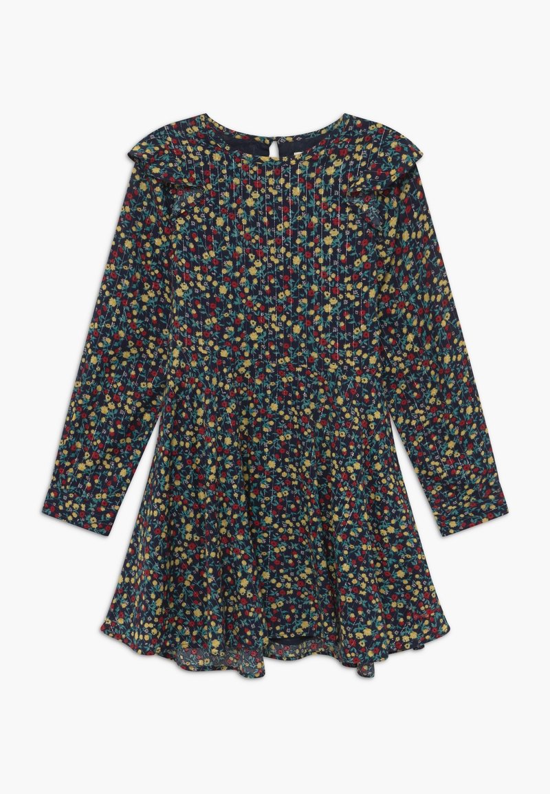 Kwiatowa sukienka z granatowym tłem, na którym znajdują się wielokolorowe kwiaty, z falbaniastym dekoltem, długimi rękawami i rozkloszowanym dołem.