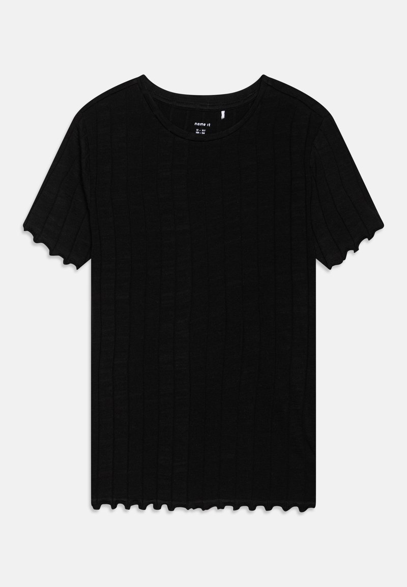 Μαύρη κοντομάνικη μπλούζα με ριπ υφή, στρογγυλή λαιμόκοψη και κεντητό στρίφωμα. Κατασκευασμένη από μαλακό ύφασμα, με σχέδιο εφαρμοστής γραμμής.