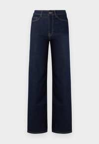 Temno modri široki kavbojke iz denima, z visokim pasom, štirimi žepi in kontrastnim šivom ob šivih.