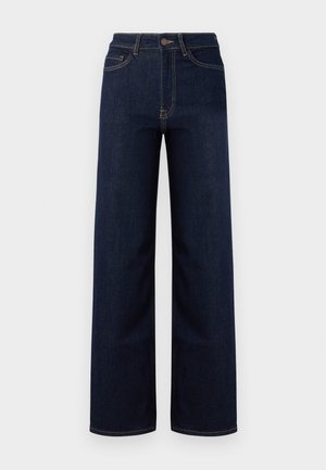 Jeans drepti, de culoare albastru închis, confecționați din denim, având talie înaltă, patru buzunare și cusături contrastante pe ștaif.