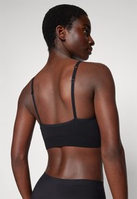 Black bralette with adjustable straps, seamless design, smooth texture, and wide band, showcasing a minimalist style at the back.