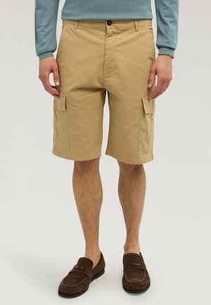 Hombre con pantalones cortos cargo beige, camisa azul de manga larga y mocasines marrones, de pie frente a un fondo liso.