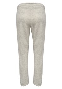 Lichtgrijze joggers van zacht materiaal, met een elastische tailleband en taps toelopende enkelmanchetten. Gladde textuur zonder zichtbare patronen.