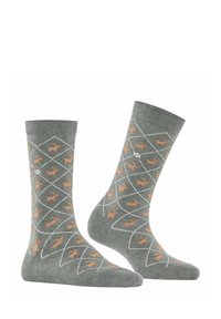 Calzini grigi con motivo a diamante; presentano motivi di renna arancioni; texture a maglia; polsino a coste; adatti per un abbigliamento casual o stagionale.