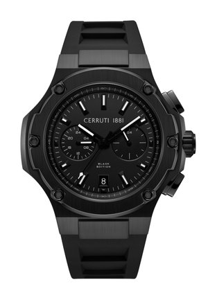 Čierne chronografické hodinky Cerruti 1881 s gumovým remienkom, striebornými hodinovými značkami, zobrazením dátumu a dvoma podčíselníkmi ukazujúcimi 24 hodín a sekundy.