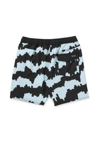 Pantaloni da nuoto blu e neri con un motivo camouflage ondulato, vita elastica e una tasca sul retro con chiusura a pulsante.