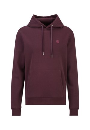 Bordeauxrode capuchontrui met kangoeroezak aan de voorkant, trekkoorden en een klein schildlogo op de linkerborst.