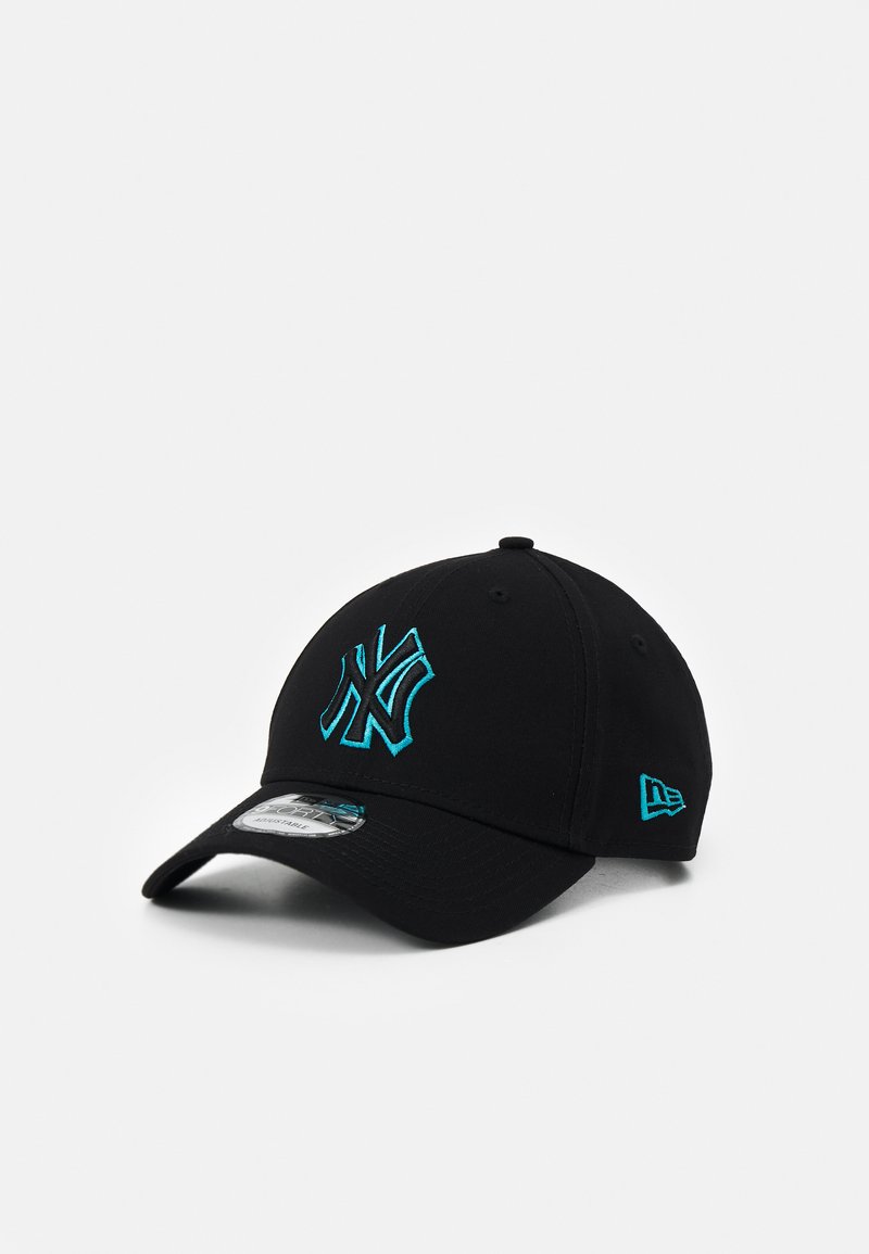 Black baseball cap featuring a prominent turquoise embroidered New York Yankees logo on the front and a small logo on the side.