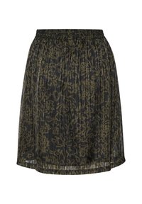 Jupe plissée noire avec un motif floral vert, dotée d'une taille élastique et d'un design fluide, fabriquée en tissu léger.