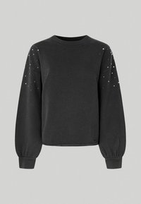 Svart sweatshirt med långa, puffade ärmar och ribbad halsringning. Har spridda vita dekorationer på ärmarna. Mjuk textur.