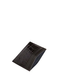 Brown leather wallet with a crocodile texture, features a dark grey smooth leather accent, card slots, and a compact, angular shape.