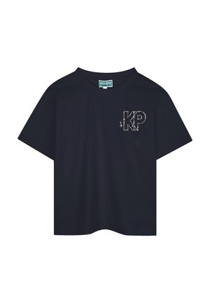 Navyblauw t-shirt met korte mouwen van katoen, voorzien van een decoratieve strasslogo op de linkerkant van de borst. Rond de hals, losse pasvorm.