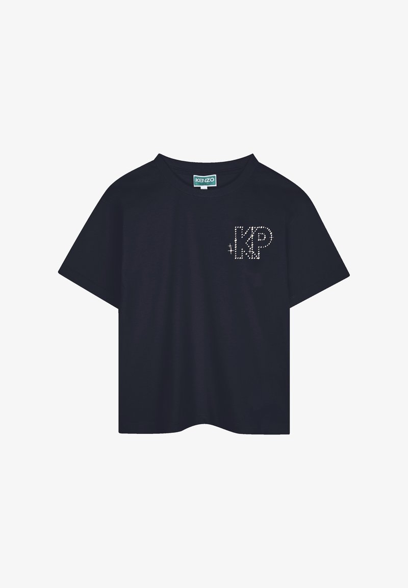 T-shirt bleu marine à manches courtes en coton avec un logo décoratif en strass sur la poitrine gauche. Encolure arrondie, coupe décontractée.