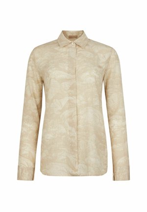 Beige langärmeliges Hemd zum Knöpfen mit dezentem Blumen- und Blattmuster, spitzem Kragen und verdeckter Knopfleiste vorne.