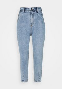 Světle modré džíny z denimu s vysokým pasem, zúženými nohavicemi, pěti kapsami a předním zapínáním na knoflík. Obsahují jemné vyblednutí a detaily v švech.