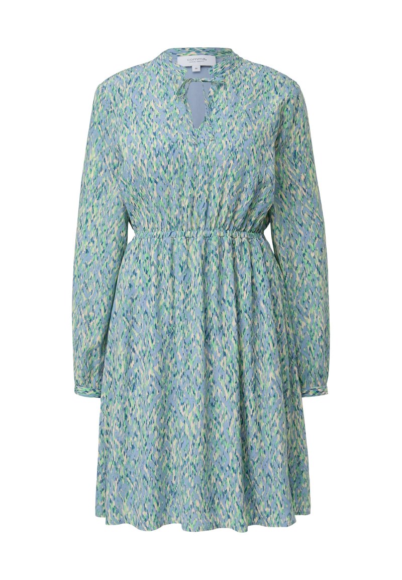Langärmliges Kleid aus leichtem Stoff, mit einem blauen und grünen abstrakten Muster, elastischem Taillenbund und einem Schlüssel-ausschnitt.