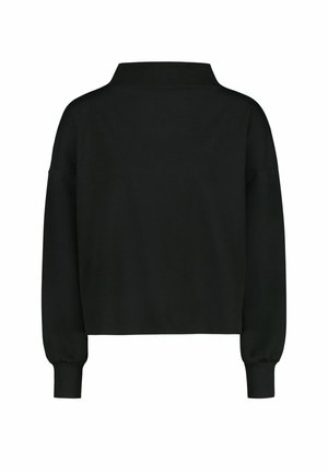 Czarny pulower z długim rękawem, wysokim kołnierzem, ściągaczami przy mankietach i prostym dołem, pokazany od tyłu na białym tle.